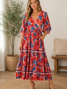 Fairylina NWT Red Floral Wrap Midi Dress with Puff Sleeves PTP 20